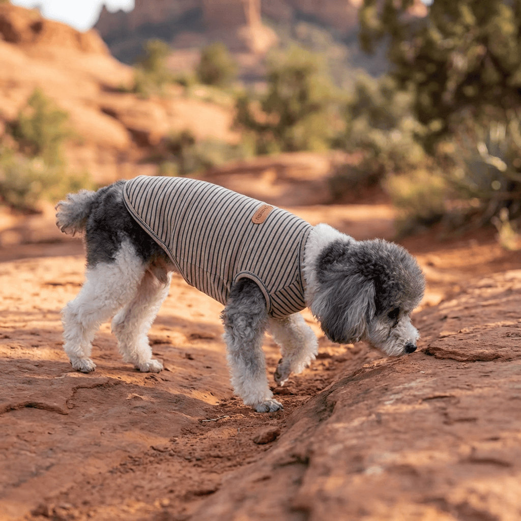 Thin Trend Striped Dog Top on a dog in nature, featuring breathable cotton and lightweight design for comfort.