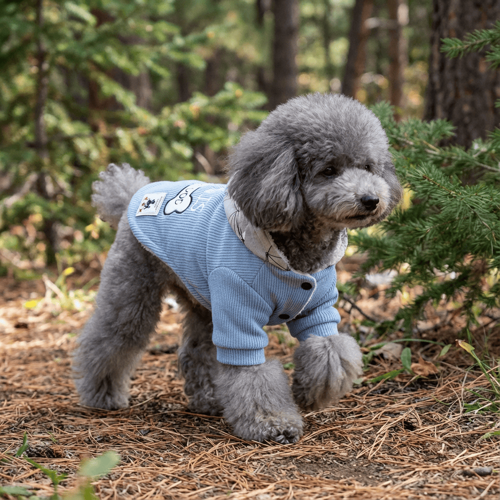 This Is My Food Dog Hoodie on a stylish poodle enjoying a forest walk, perfect for chilly outdoor adventures.
