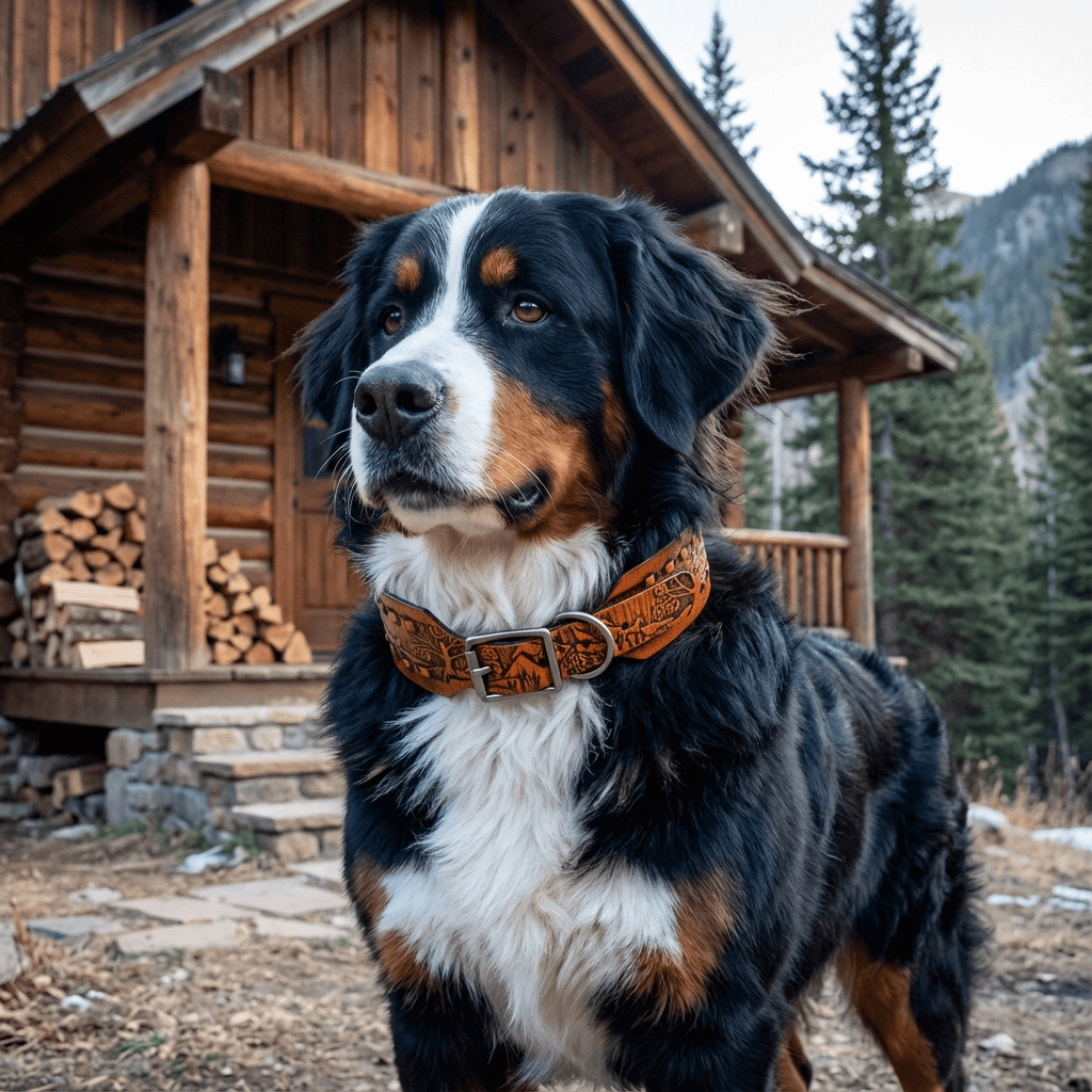 ToughSpike Leather Dog Collar on a Bernese Mountain Dog in a rustic setting, showcasing strength and style for large breeds.