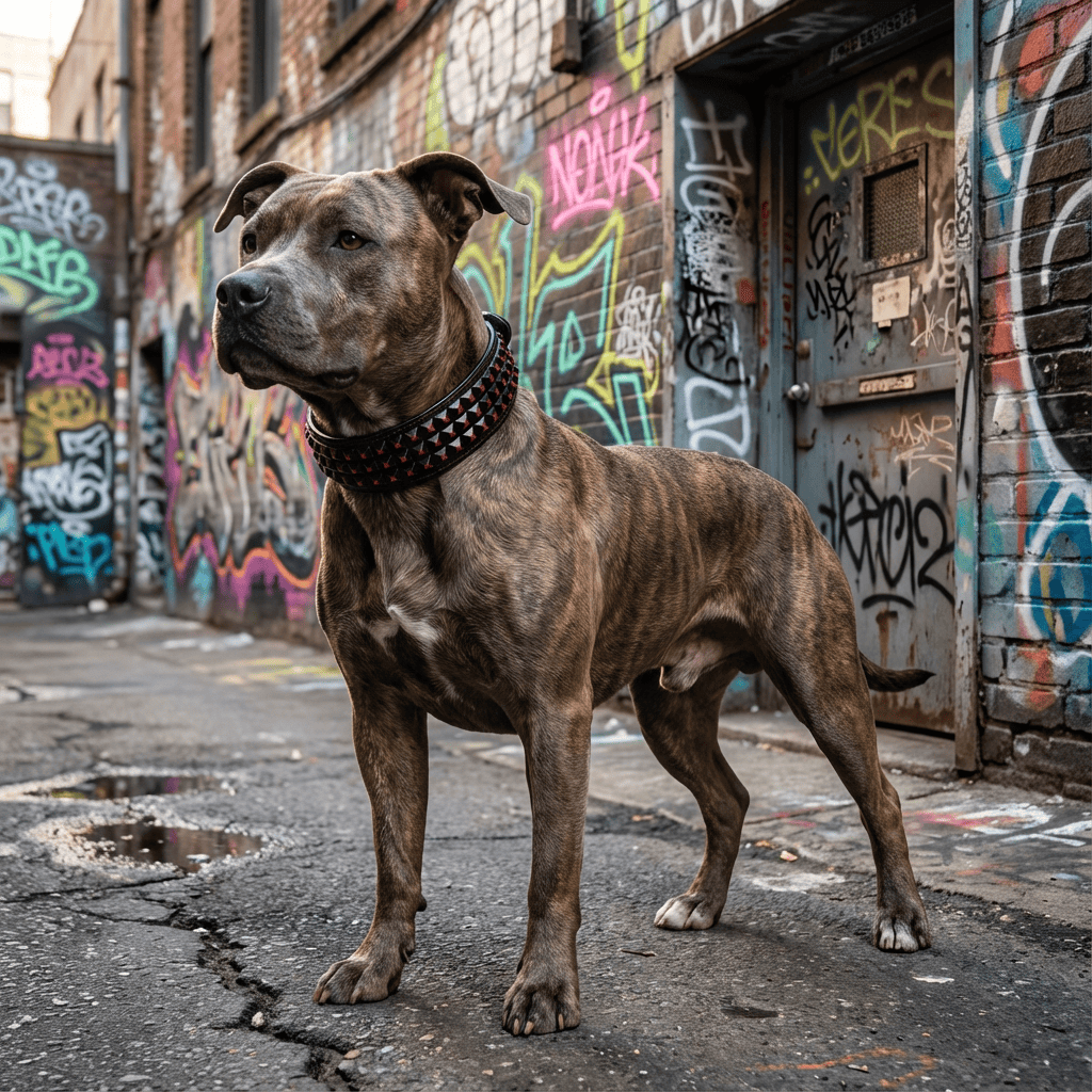 ToughSpike Leather Dog Collar on a powerful dog in an urban setting with graffiti, showcasing strength and style.