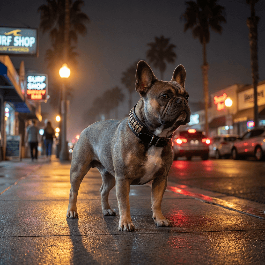 Bulldog wearing ToughSpike Leather Dog Collar on city street at night, showcasing style and strength.