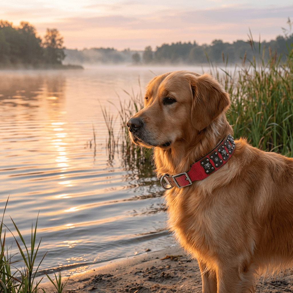 Golden Retriever by a lake wearing a ToughSpike Leather Dog Collar with studs; perfect for large breeds.