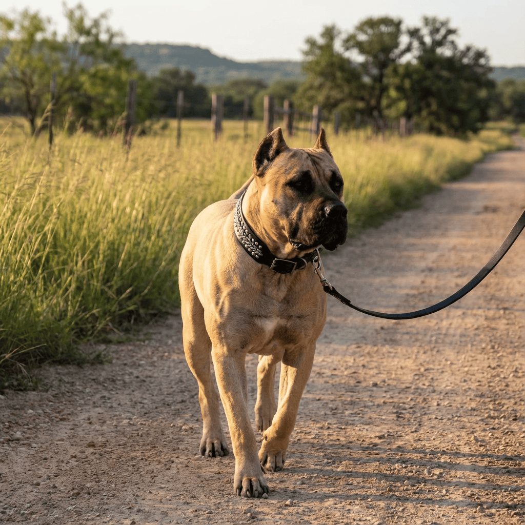 ToughSpike Leather Dog Collar worn by a large dog on a leash in a scenic outdoor setting.