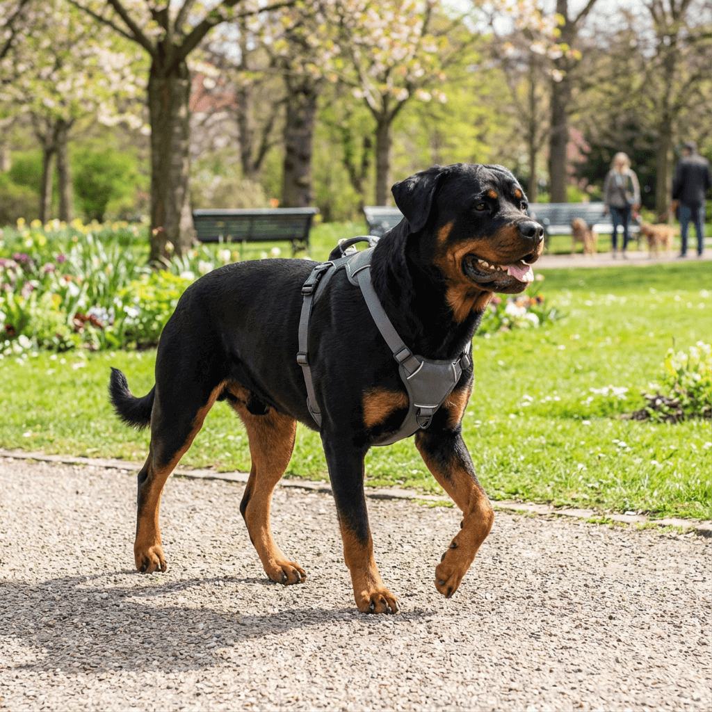 TrailSafe Waterproof Dog Harness on a Rottweiler walking in a park, featuring adjustable straps and reflective accents.