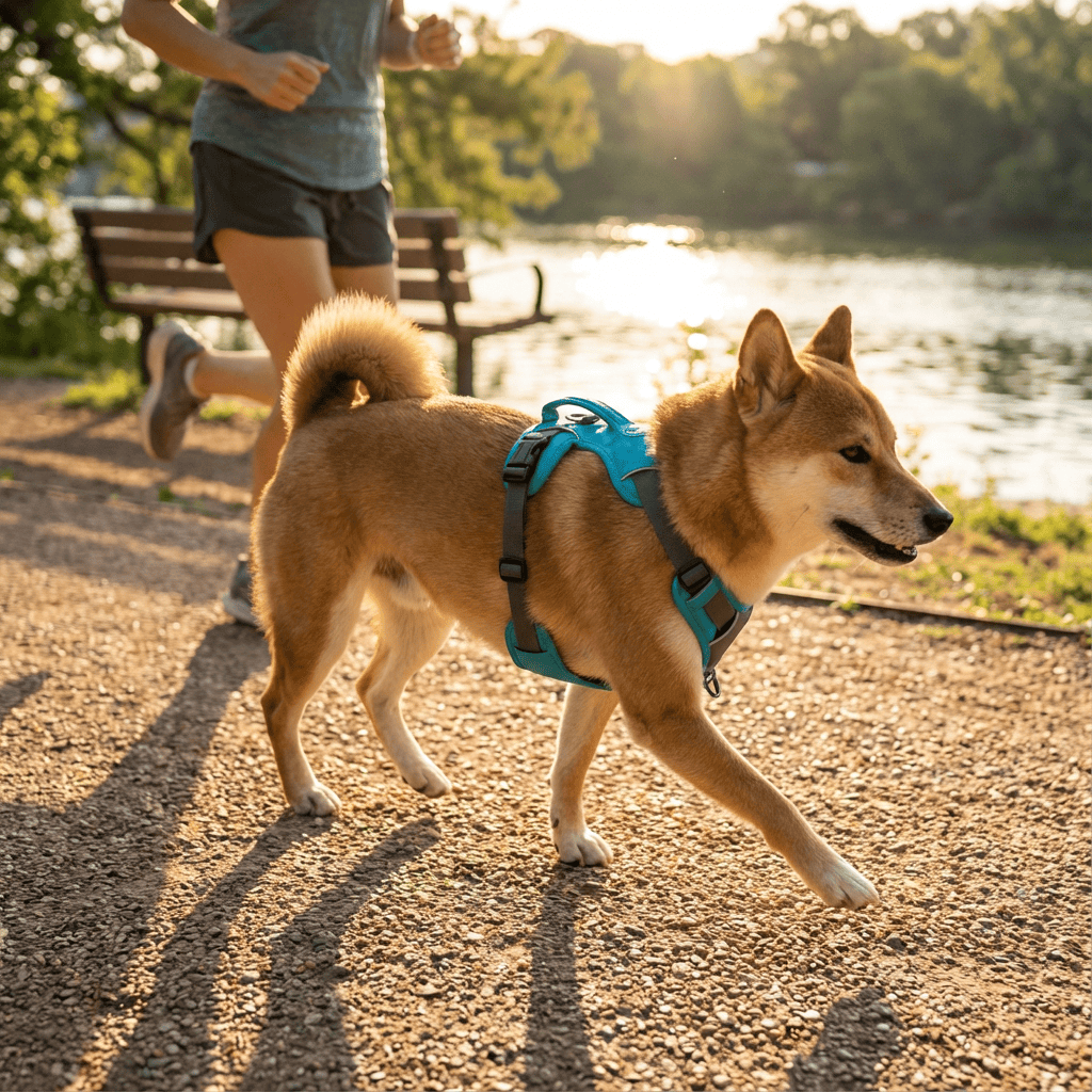 Active dog wearing a TrailSafe Waterproof Dog Harness while jogging by the water, showcasing comfort and control.