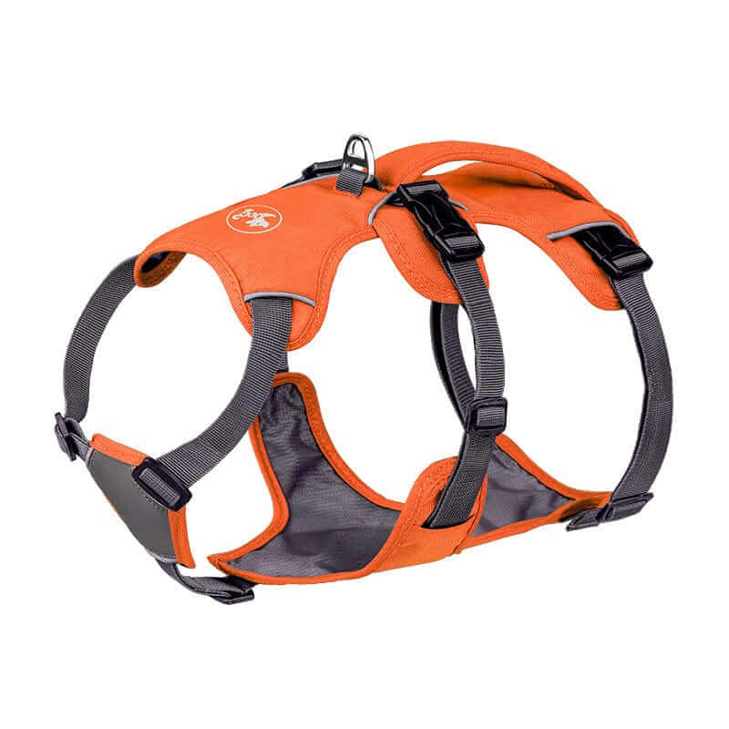 TrailSafe Waterproof Dog Harness in orange, featuring adjustable straps and reflective accents for medium to large dogs.