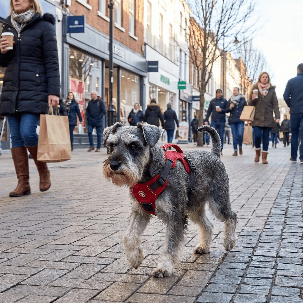 TrailSafe Waterproof Dog Harness on a Schnauzer walking through a busy street, showcasing comfort and security for dogs.