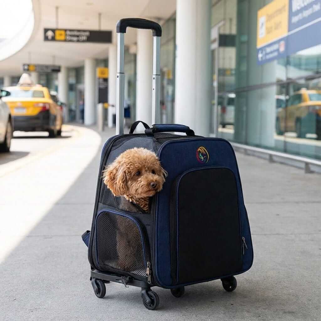 Travel Pet Trolley with a small dog in a carrier, designed for comfort and convenience in pet travel.