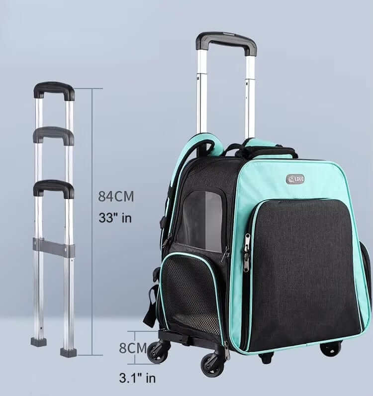 Travel Pet Trolley with dimensions, spacious design and wheeled convenience for dogs and cats.