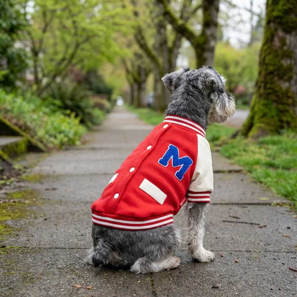 Two-legged Short-sleeved Cotton Dog Coat on a dog wearing a varsity style coat in a park. Ideal for stylish pups.