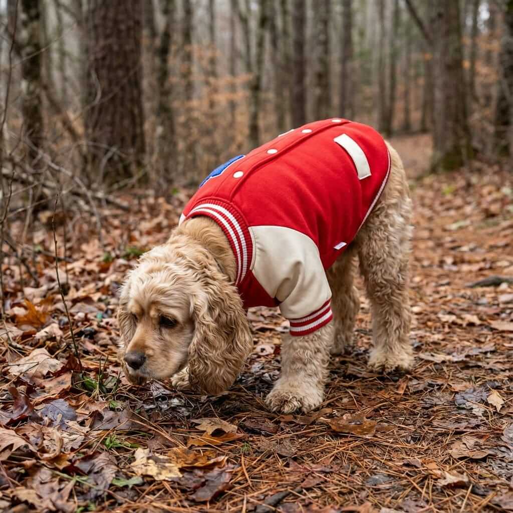 Dog wearing a Two-legged Short-sleeved Cotton Dog Coat exploring a forest path with fallen leaves.