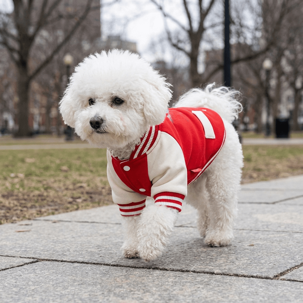 Two-legged Short-sleeved Cotton Dog Coat on a fluffy dog in a park, featuring breathable fabric and sporty style.