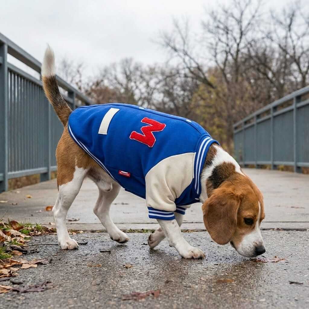 Two-legged Short-sleeved Cotton Dog Coat on a beagle dog sniffing the ground outdoors on a cool day.
