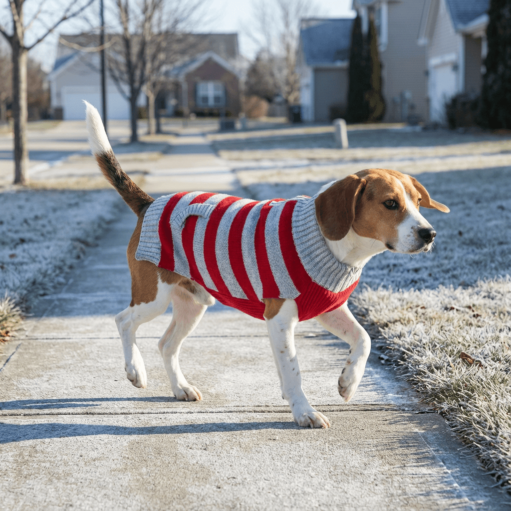 Two-Tone Zipper Dog Sweater on a playful dog enjoying a winter walk, showcasing its stylish design and warmth.