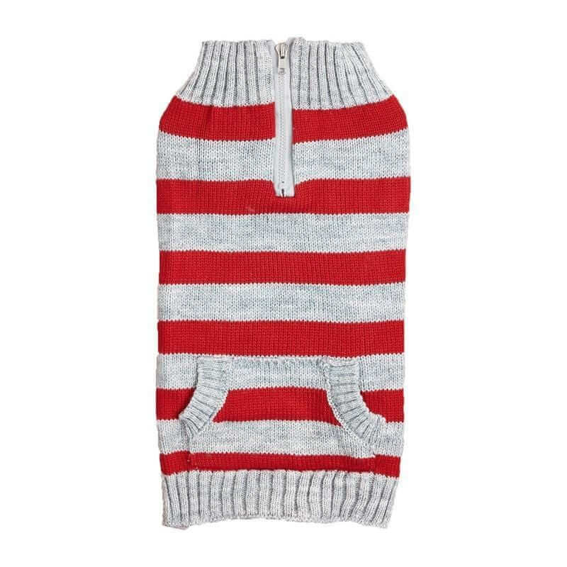 Two-Tone Zipper Dog Sweater for small to medium dogs, featuring red and gray stripes, horizontal zipper, and pockets.