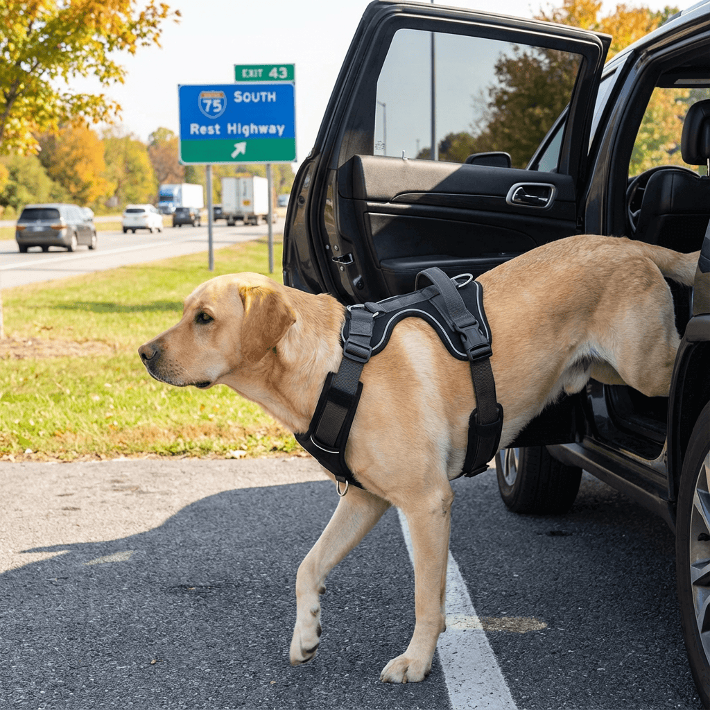 Dog wearing Ultimate Reflective No-Pull Dog Harness exiting car for a walk on a sunny day.