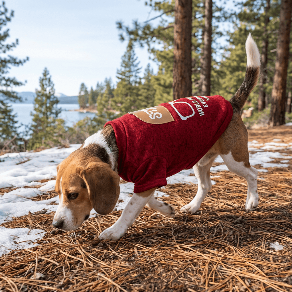 Unique Printed Knitted Pet Sweatshirt on a Beagle walking in nature surrounded by trees and snow.