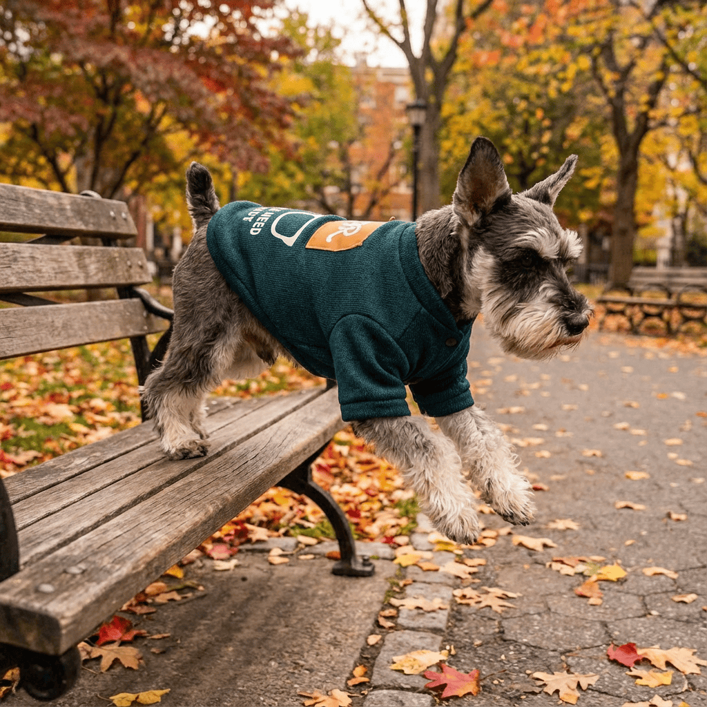 Unique Printed Knitted Pet Sweatshirt on a dog jumping off a bench amid autumn leaves in a park.