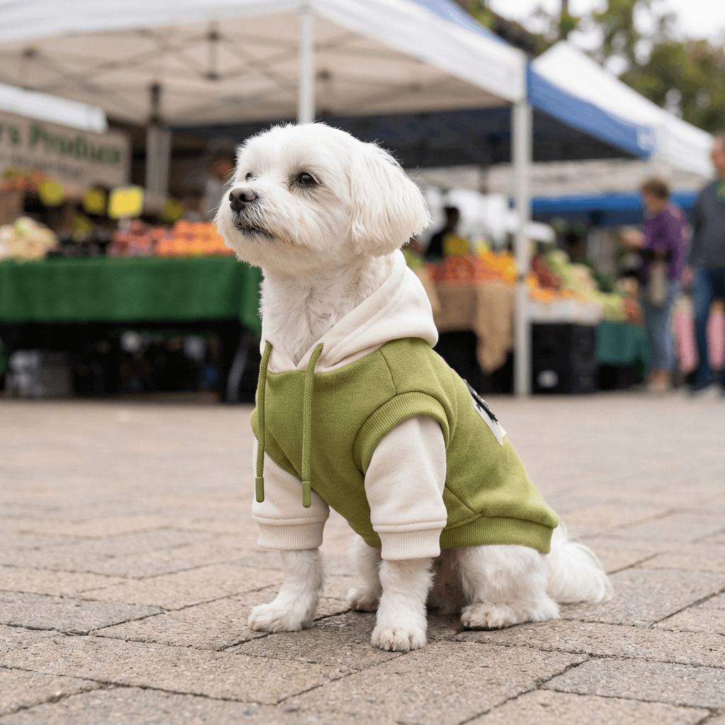 Urban Cozy Dog Hoodie on a small dog at a market, featuring premium fleece lining and stylish design by Dogs & Cats.