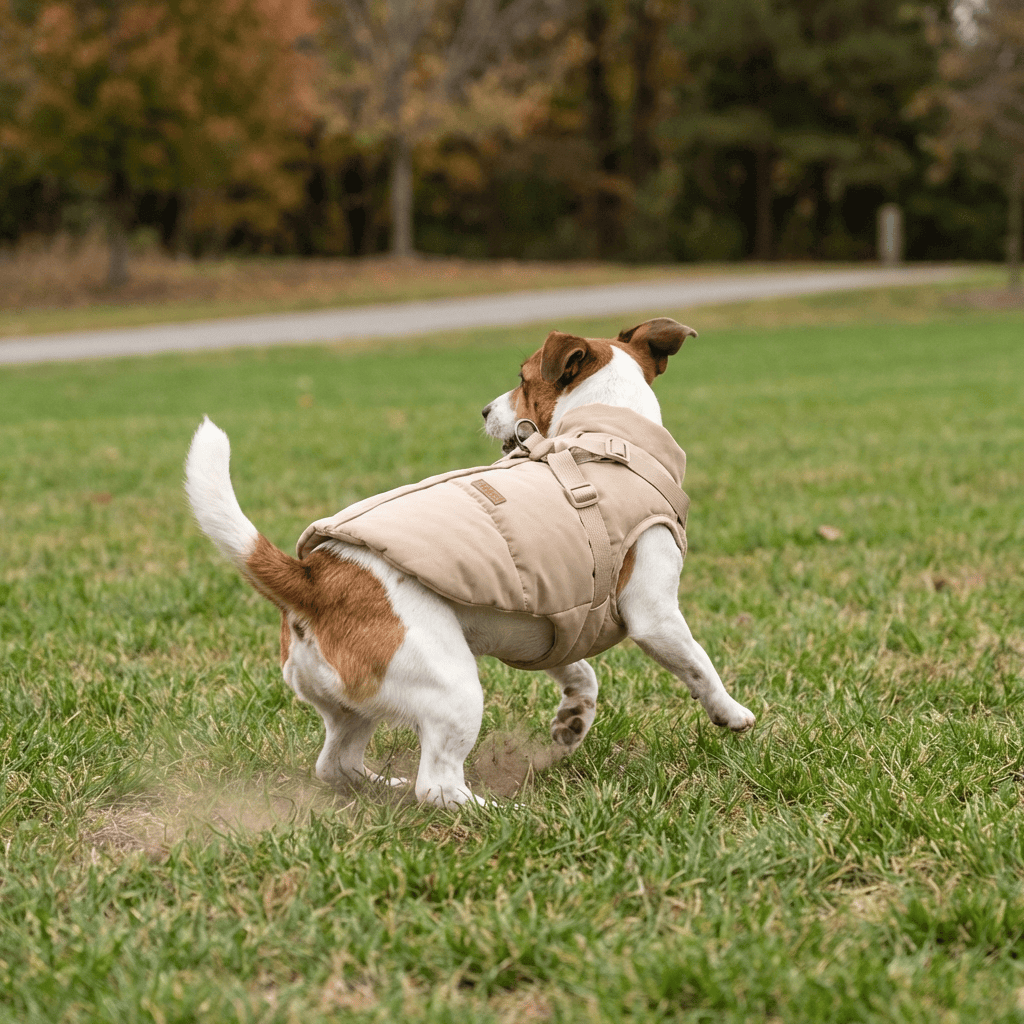 UrbanShield Puffer Harness Coat for dogs - cozy, stylish winter jacket with built-in harness for comfort and control.