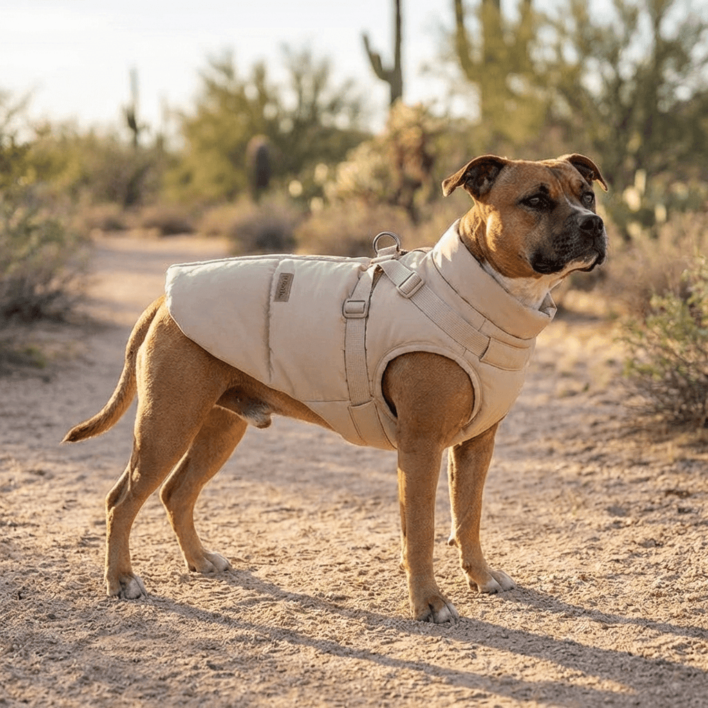UrbanShield Puffer Harness Coat on a dog, offering warmth, comfort, and adventure-ready style from Dogs & Cats brand.