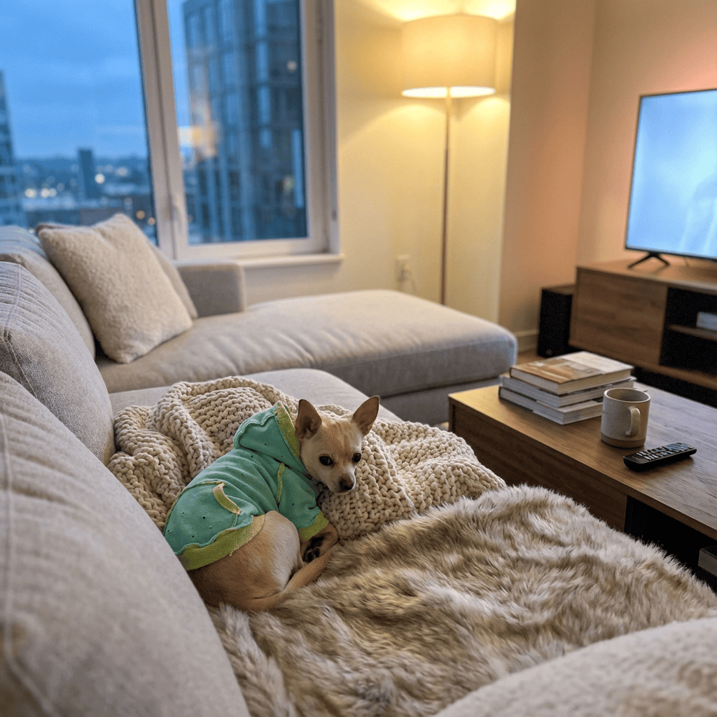 Urban Style Dog Hoodie on a small dog lounging on a cozy couch, showcasing comfort and style for dogs and cats.