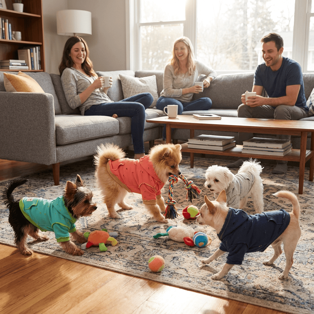Dogs wearing Urban Style Dog Hoodies play together while owners enjoy coffee in a cozy living room.