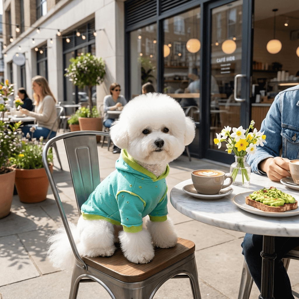 Urban Style Dog Hoodie worn by small dog at a cafe, showcasing seasonal comfort and street style by Dogs & Cats.