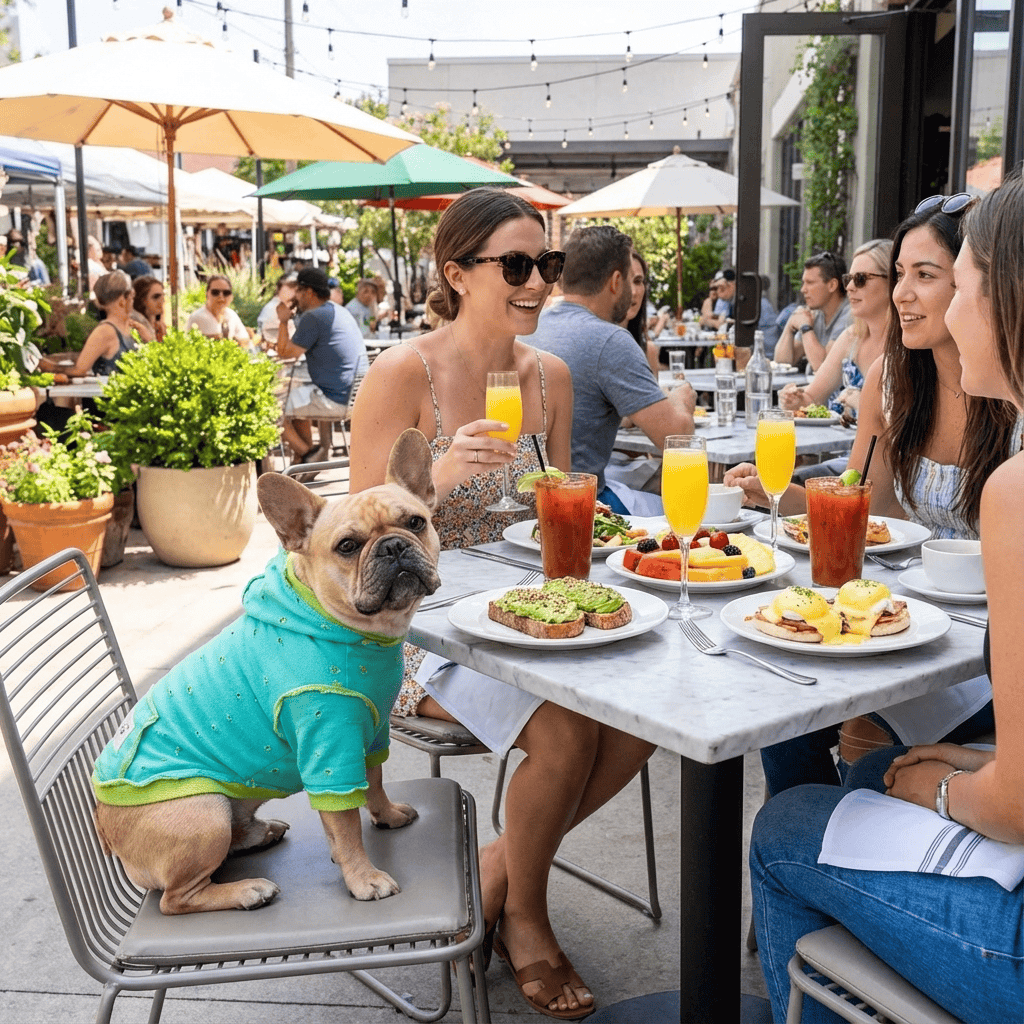 French Bulldog wearing Urban Style Dog Hoodie at cafe with friends enjoying brunch outdoors.