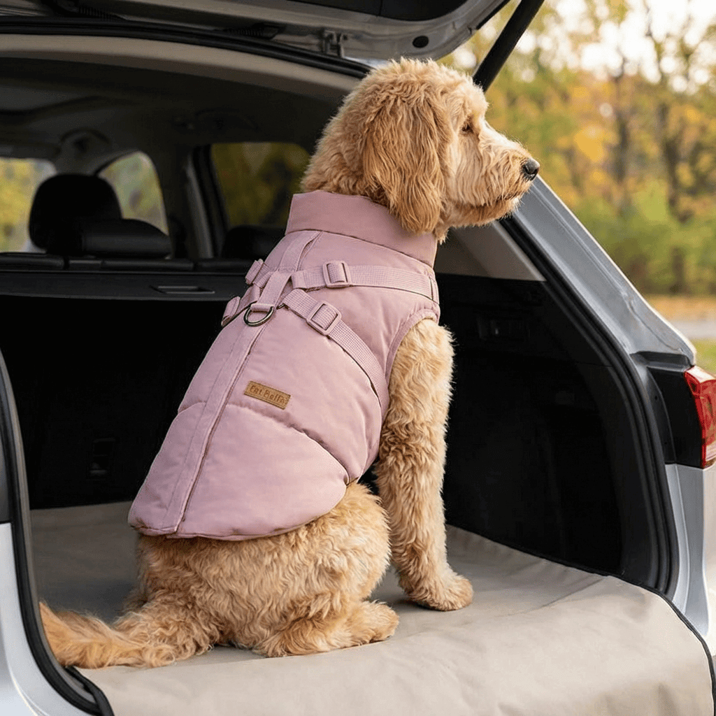 UrbanShield Puffer Harness Coat on a dog in a car, showcasing premium padded design, comfort, and style for dogs & cats.