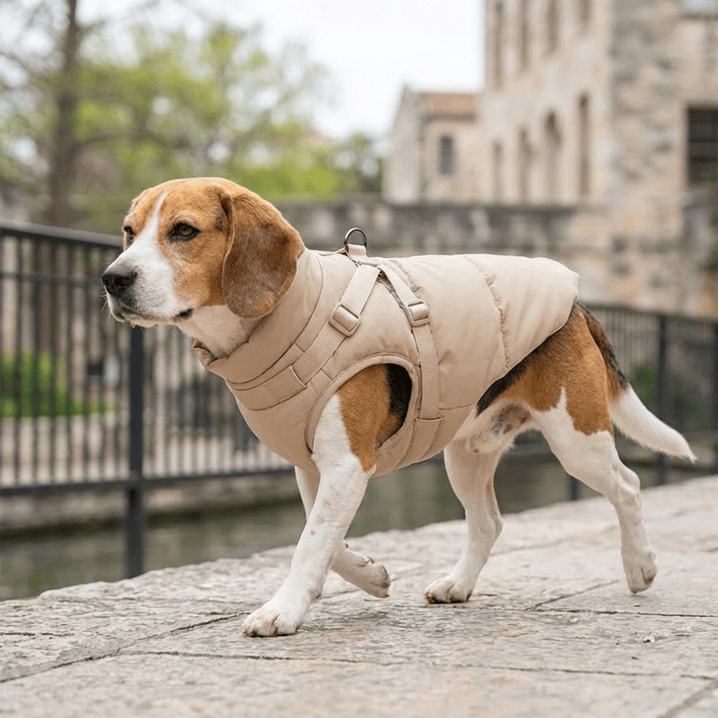 UrbanShield Puffer Harness Coat on a Beagle, featuring a padded design, harness support, perfect for winter walks.