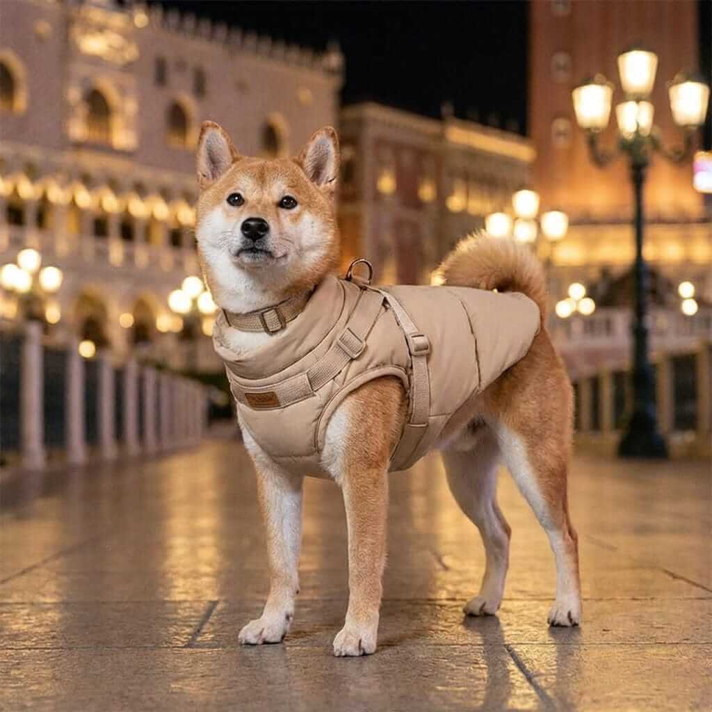 UrbanShield Puffer Harness Coat on a Shiba Inu dog, featuring premium padded jacket and built-in harness, Dogs & Cats.