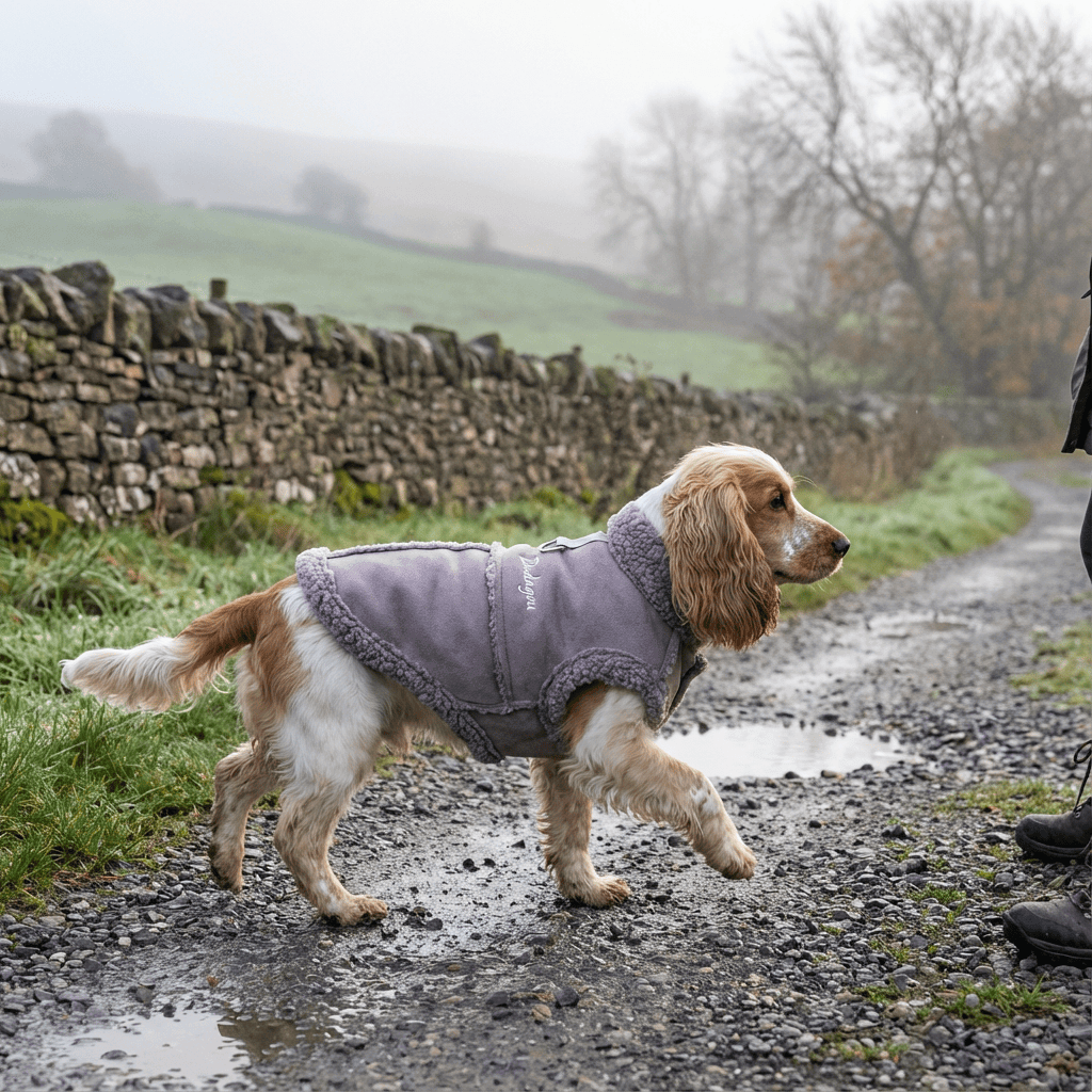 Stylish dog wearing a Velvet Padded Pet Vest on a country road, keeping cozy and warm in winter.