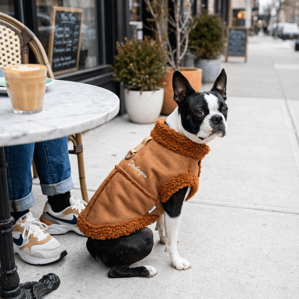 Velvet Padded Pet Vest on a stylish dog, featuring plush velvet and warm padding for dogs and cats.