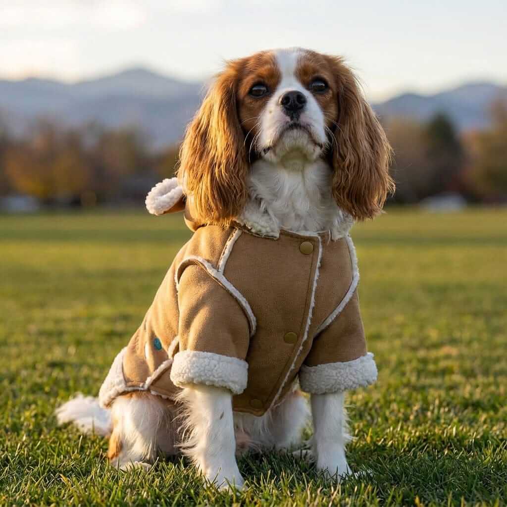 Dog wearing a Velvet Teddy Lapel Jacket with sherpa collar, perfect for cold weather. Designed for comfort and style.