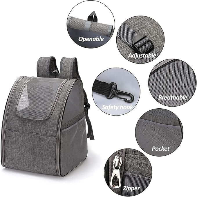 Ventura Pet Travel Backpack features like adjustable straps, breathable material, and safety hook for dogs and cats.