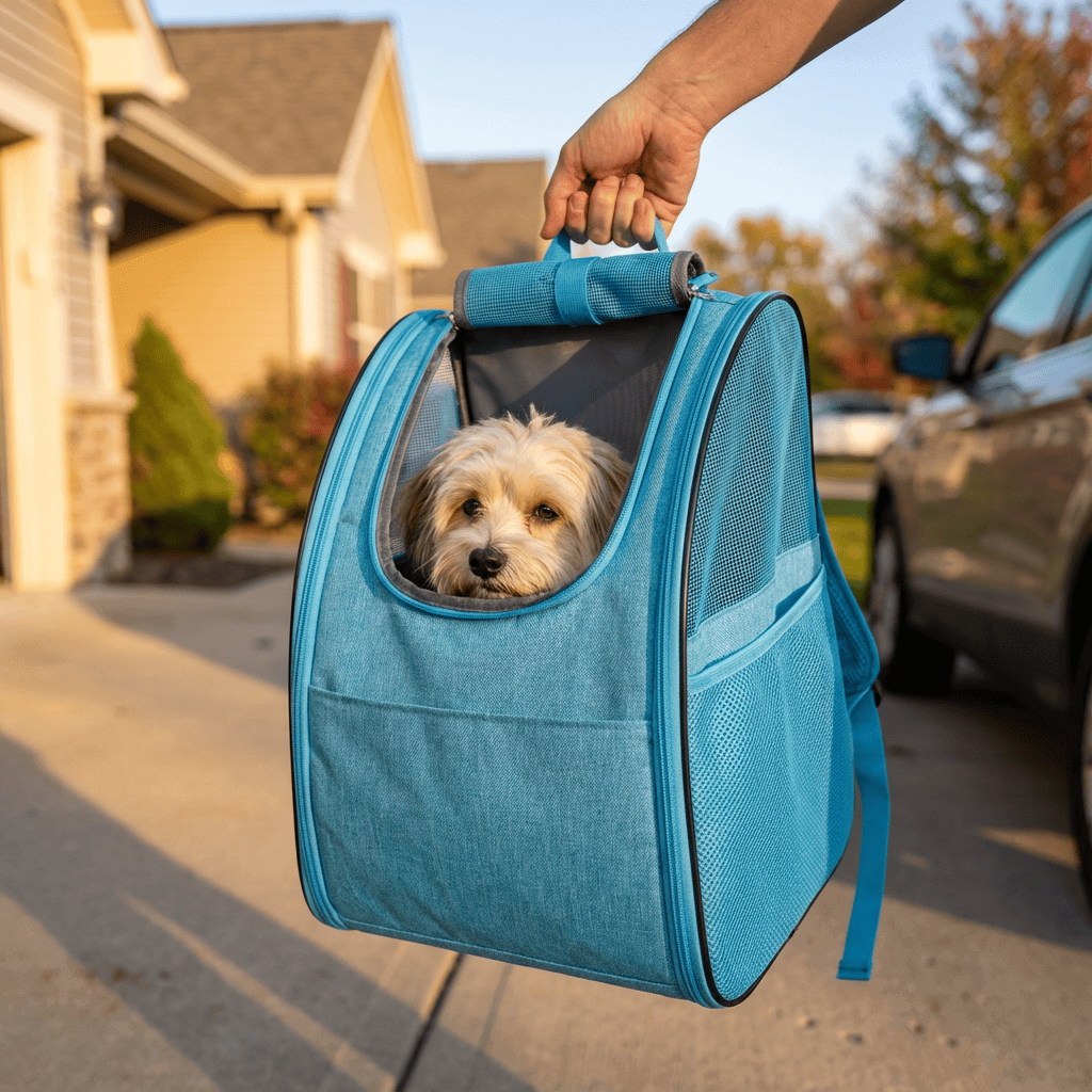 Ventura Pet Travel Backpack with a small dog inside, designed for cats and dogs, featuring adjustable straps and ventilation.