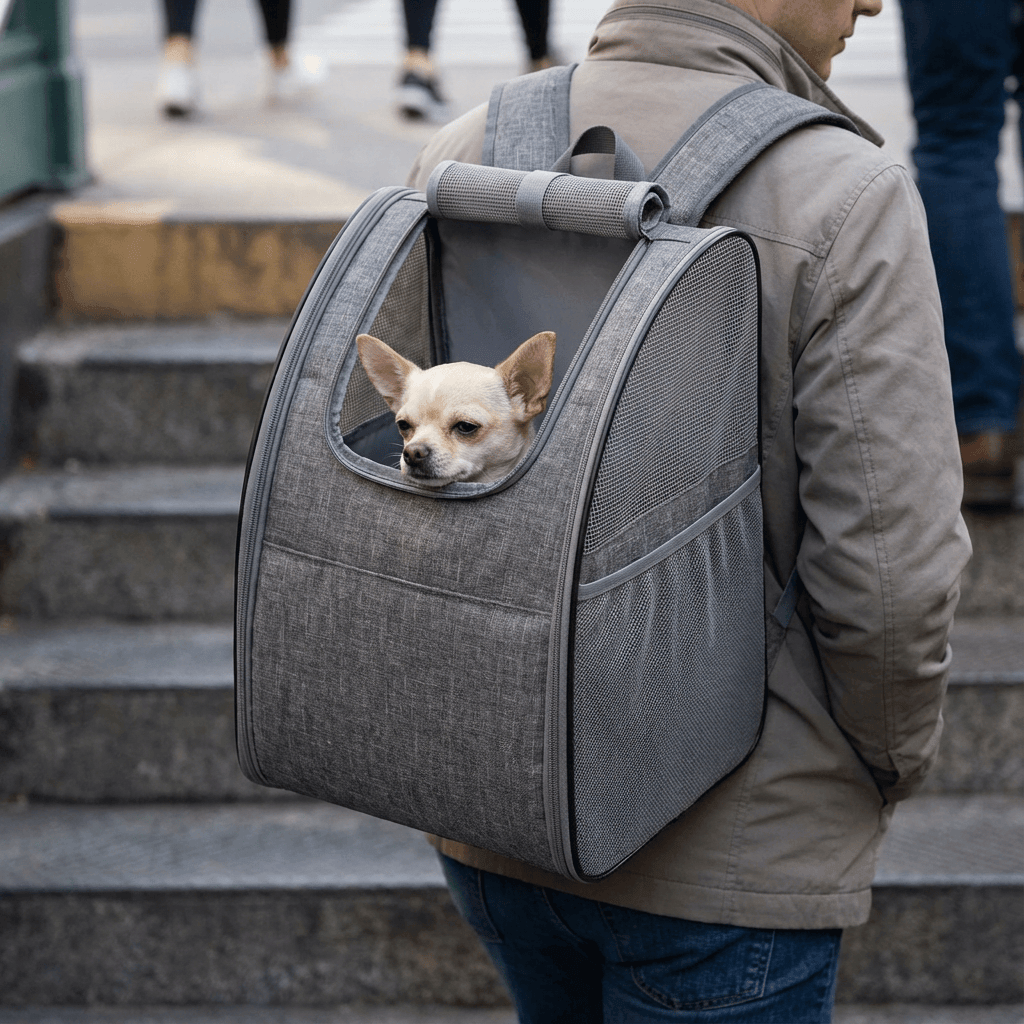 Ventura Pet Travel Backpack with a small dog, featuring spacious design for dogs & cats, stylish and comfortable pet carrier.