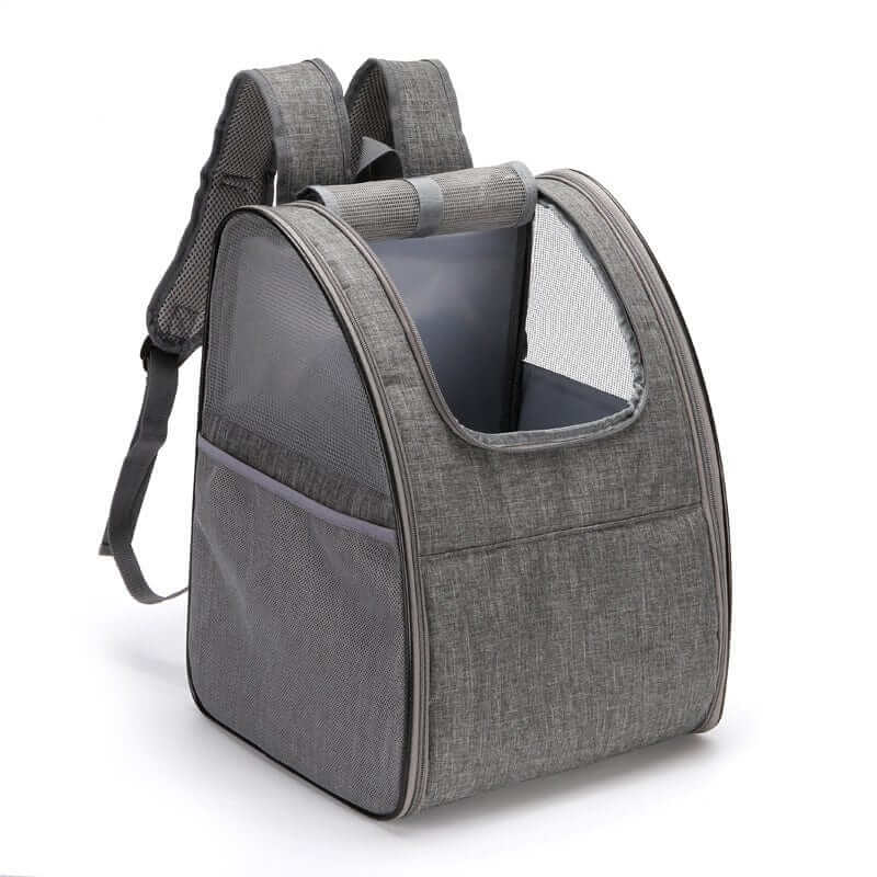 Ventura Pet Travel Backpack for dogs and cats with spacious ventilated design, comfortable adjustable straps, in grey color.