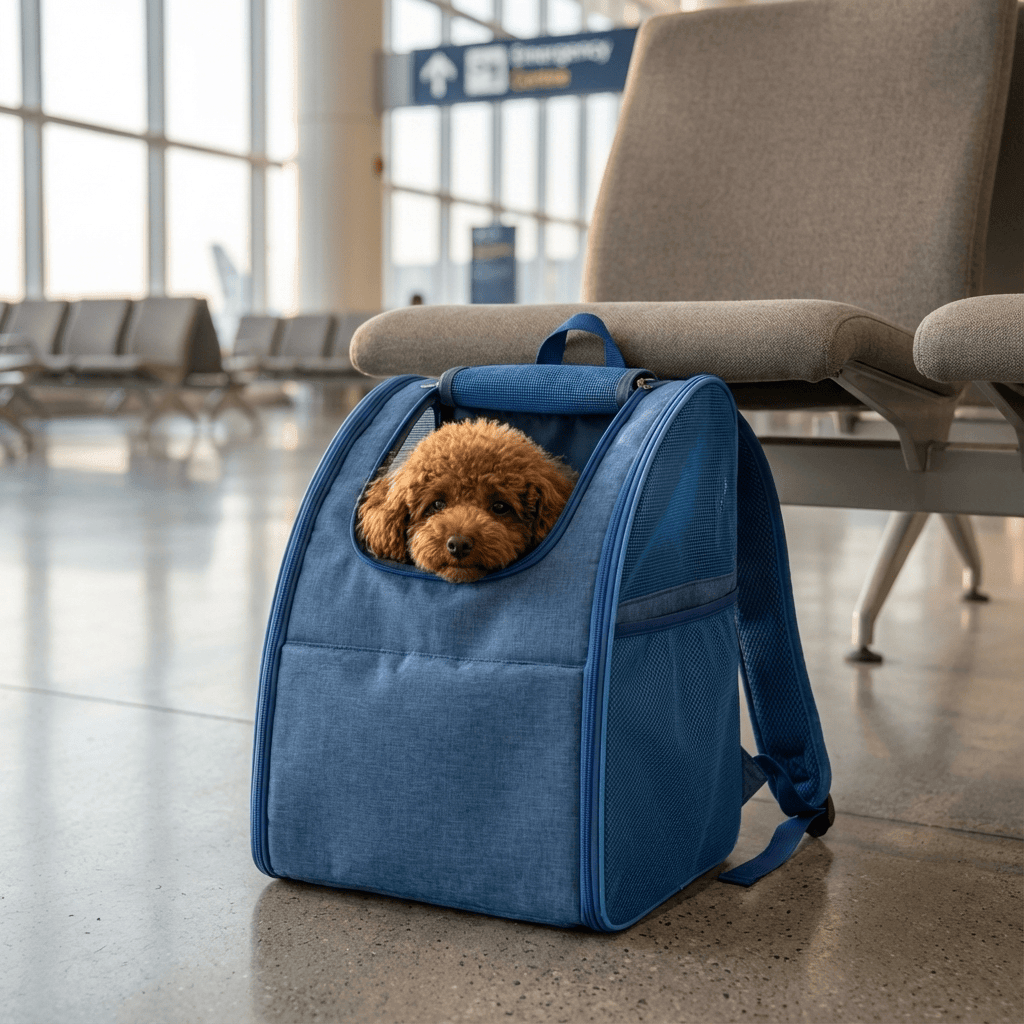 Ventura Pet Travel Backpack with dog inside, spacious and ventilated design for cats and dogs, perfect for travel.