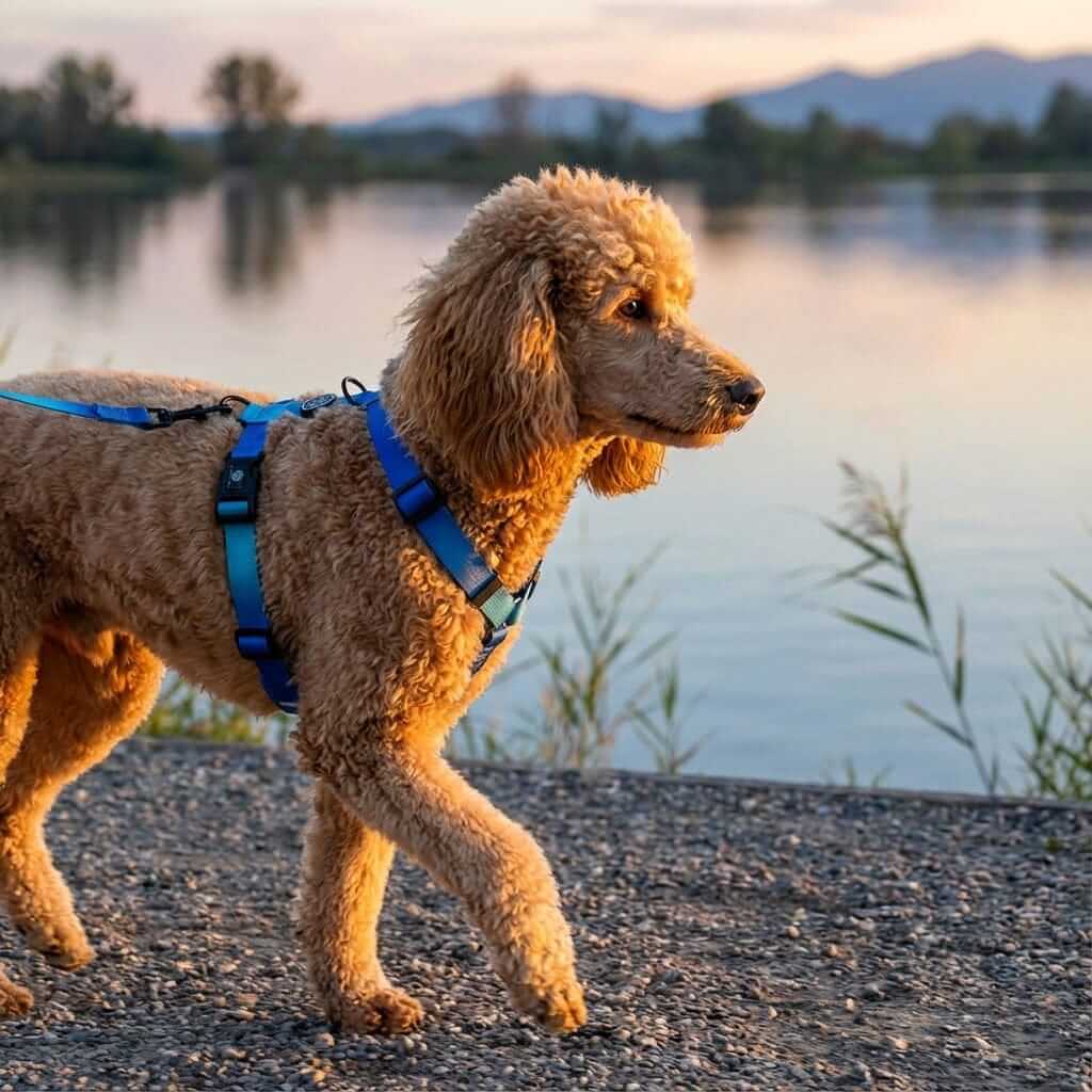 Vibrant Gradient Dog Harness on a poodle walking by the lake, showcasing style and comfort for Dogs & Cats.