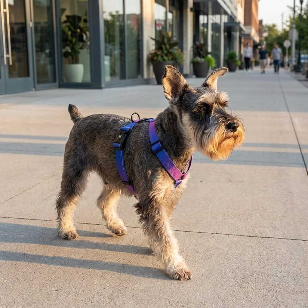 Vibrant Gradient Dog Harness on a Schnauzer walking confidently on the street, showcasing style and comfort.