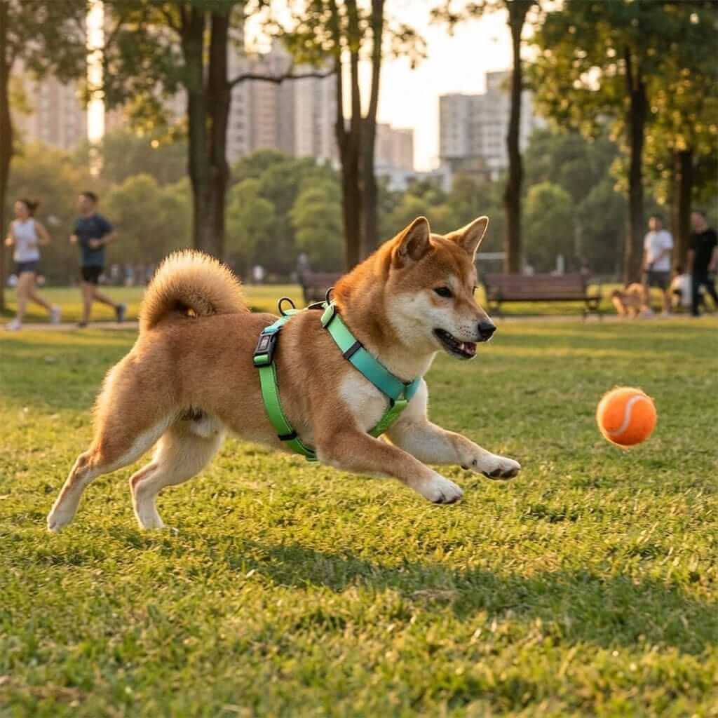 Vibrant Gradient Dog Harness on a Shiba Inu playing fetch in a park, showcasing comfort and style for dogs.