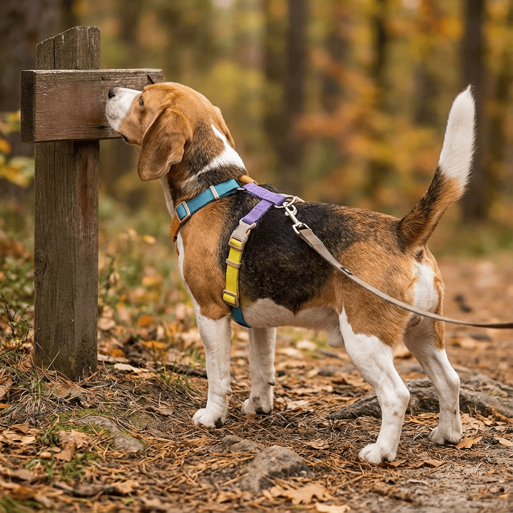 Beagle wearing a Vibrant H-Shaped Pet Harness while exploring a wooded path.