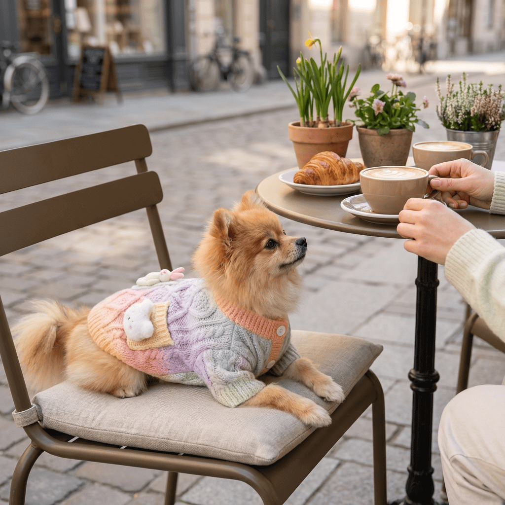 Vibrant Tie-Dye Gradient Cardigan Dog Sweater on a small dog at a café enjoying a cozy moment.