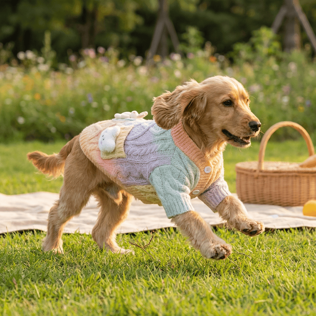 Vibrant Tie-Dye Gradient Cardigan Dog Sweater on a happy dog running in a field, showcasing comfort and style.