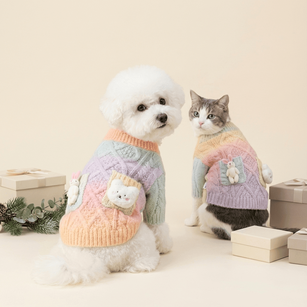 Vibrant Tie-Dye Gradient Cardigan Dog Sweater on a dog and cat in pastel colors, featuring pockets and cozy design.