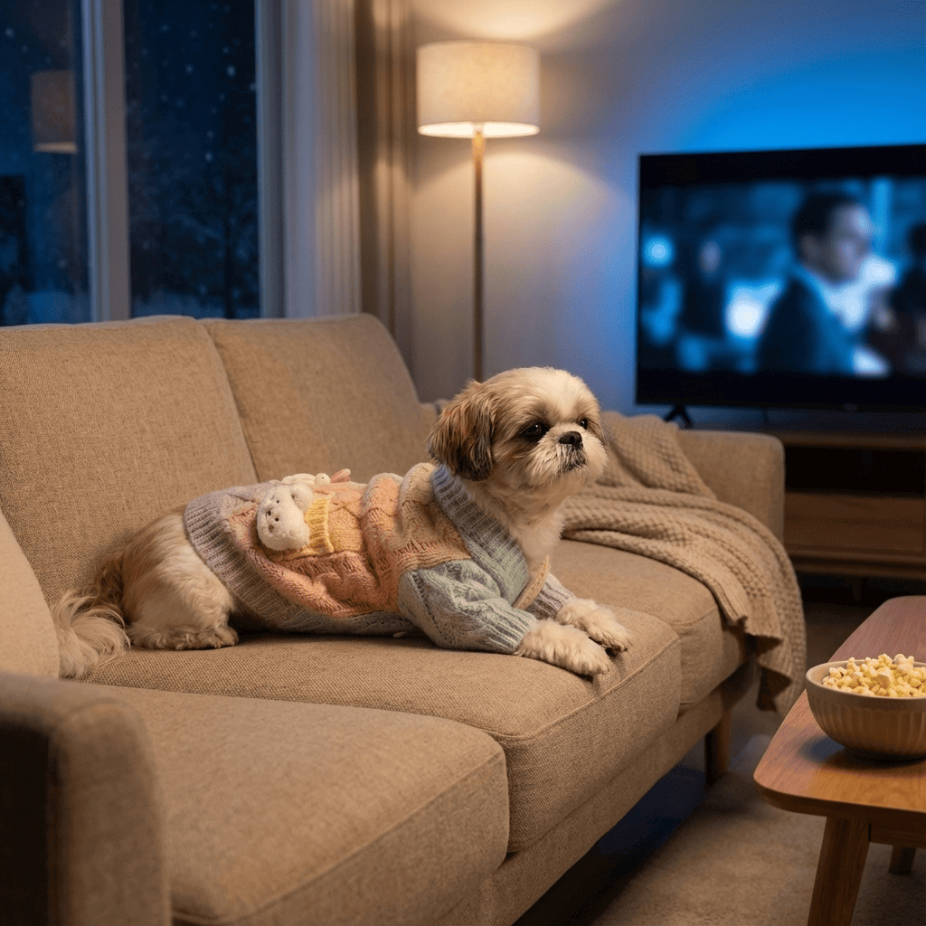Vibrant Tie-Dye Gradient Cardigan Dog Sweater on a cozy dog relaxing on couch, perfect for comfort and style.