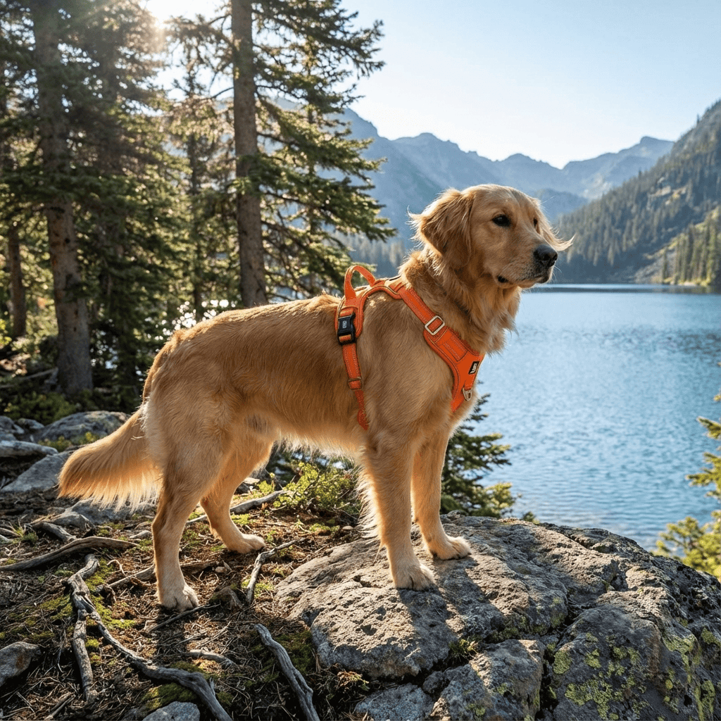 Golden retriever wearing Voyager Reflective Dog Harness by Dogs & Cats near a lake in the mountains.
