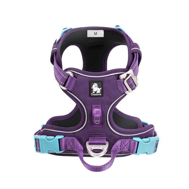 Voyager Reflective Dog Harness in purple design, lightweight, padded for comfort, ideal for dogs and cats.